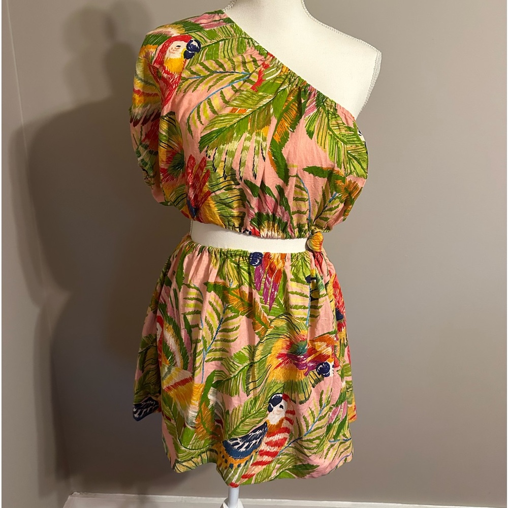 Women's Farm Rio Macaw Leaves One-Shoulder Cut-Out Mini Dress XS NWT